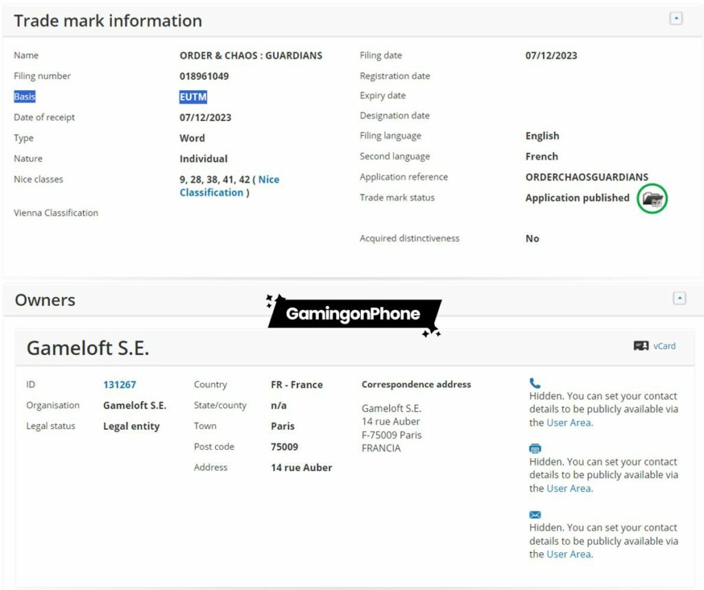 Gameloft Order of Chaos trademark