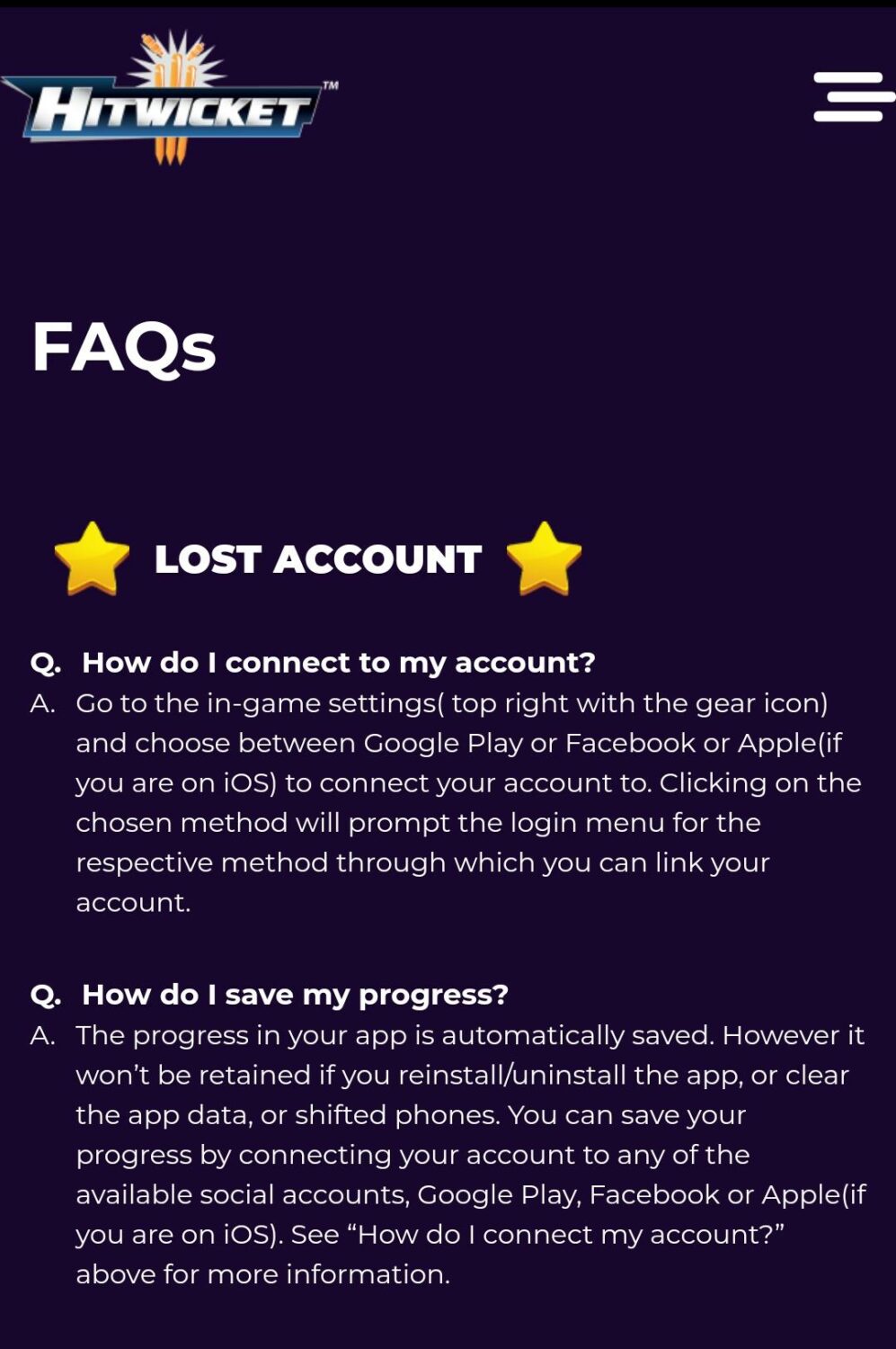 Hitwicket in-game FAQ section