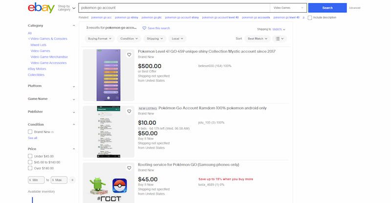 Pokemon Go players listing accounts on eBay